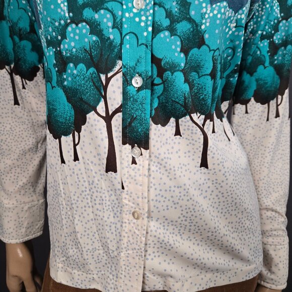 Vintage 70s Landscape Trees Novelty Print Button Up Shirt Dagger Collar Size M - Picture 4 of 11